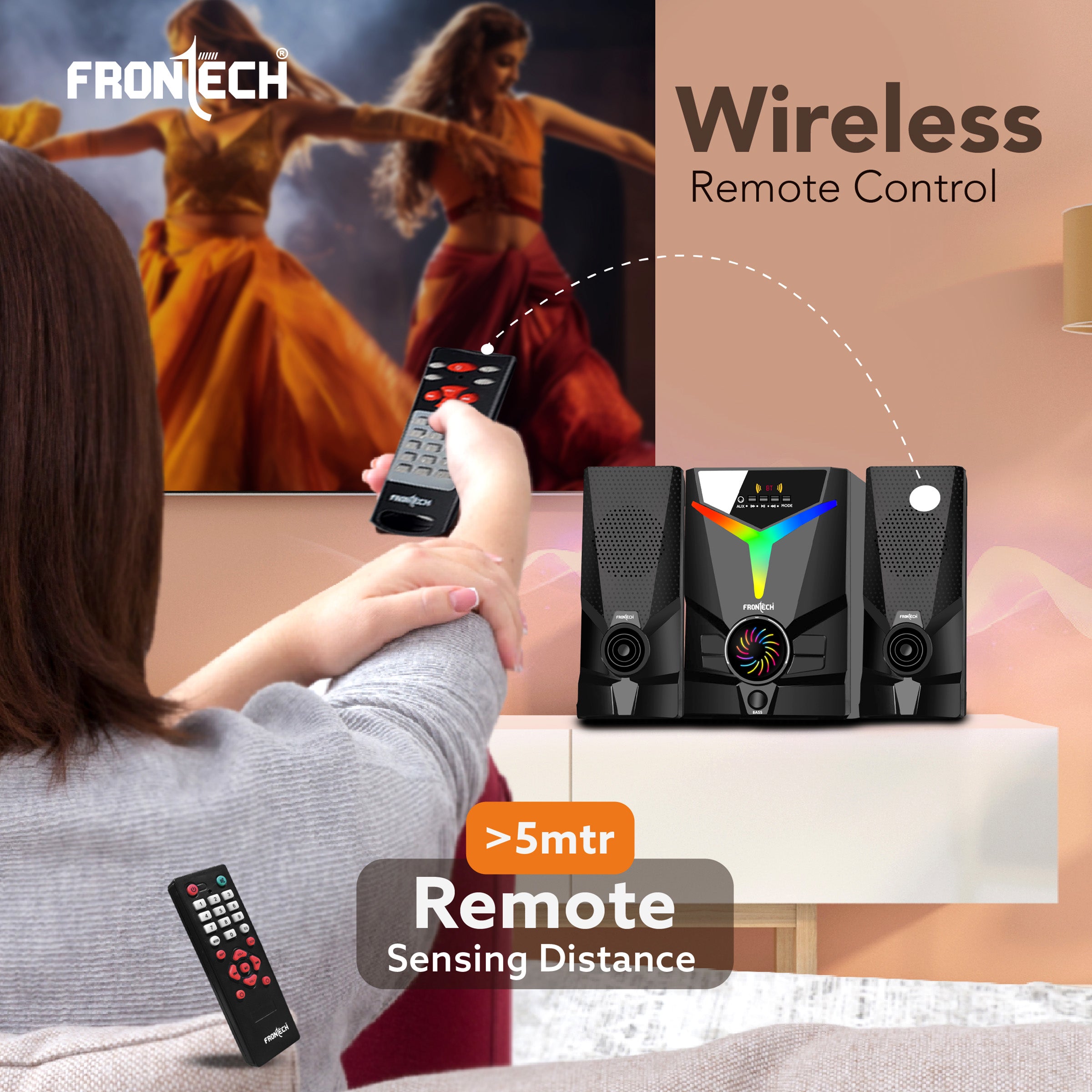 FRONTECH 40W Bluetooth 5.0 Multimedia Speaker| Powerful Bass | 2.1 Channel | Surround Sound System | USB | AUX | FM Radio | Wireless Remote Control for Home & Office (SW-0144) FRONTECH 40W Bluetooth 5.0 Multimedia Speaker| Powerful Bass | 2.1 Channel | Surround Sound System | USB | AUX | FM Radio | Wireless Remote Control for Home & Office (SW-0144)
